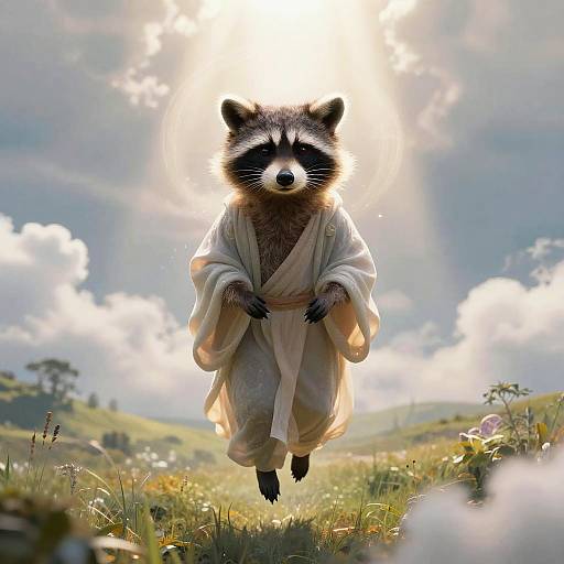 Digitally illustrated raccoon in flowing white kimono, floating in sunlit meadow with soft-focus flowers and rolling hills in the background.