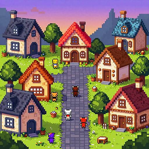 Pixel art village scene with colorful houses, a cobblestone path, trees, and various pixelated animals. Sunset sky with purple and pink hues.