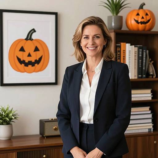 Photograph of smiling middle-aged woman with blonde hair, wearing black blazer and white shirt, standing in office with Halloween pumpkin art and bookshelf in