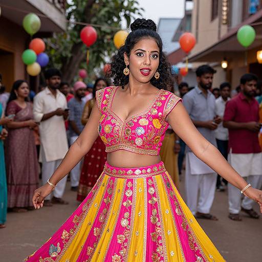 Photograph of an Indian woman dancing in a colorful traditional lehenga-choli with floral embroidery, surrounded by a festive street crowd with balloons.