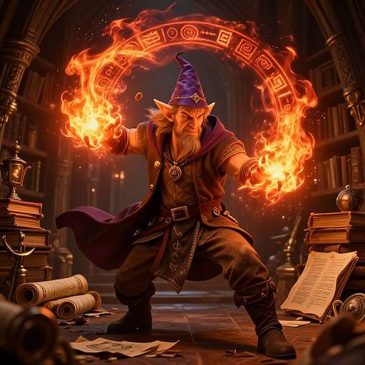 Magical wizard with pointed ears, beard, and purple hat, casting fiery spell in dimly lit, book-filled library, surrounded by scrolls and candles