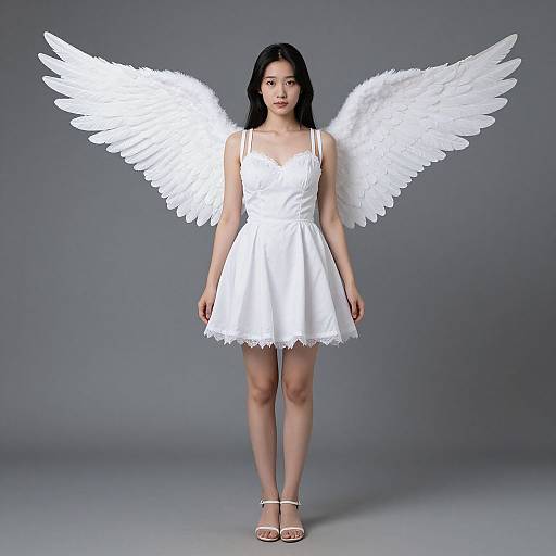 Realistic Asian Angel in White Dress