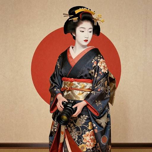 Photograph of a traditional Japanese geisha in a black kimono with floral patterns, holding a camera, against a red circle background.