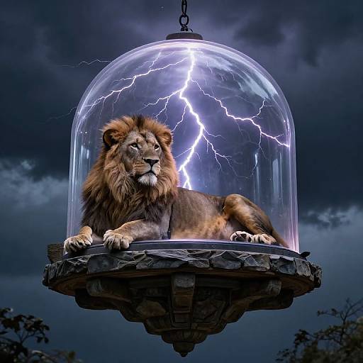 Photorealistic image of a majestic lion with a brown mane, lying inside a clear dome with striking lightning, against a stormy night sky. The