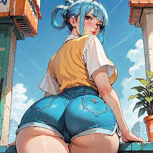 Anime Girl with Blue Hair and Yellow Eyes