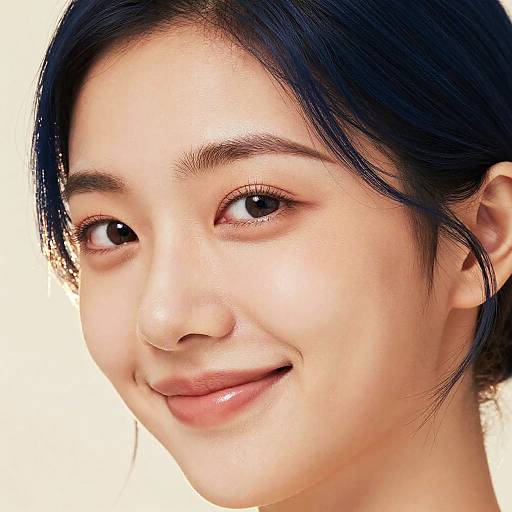 Close-up photograph of an Asian woman with fair skin, black hair, and subtle smile, white background, natural makeup, and soft lighting.