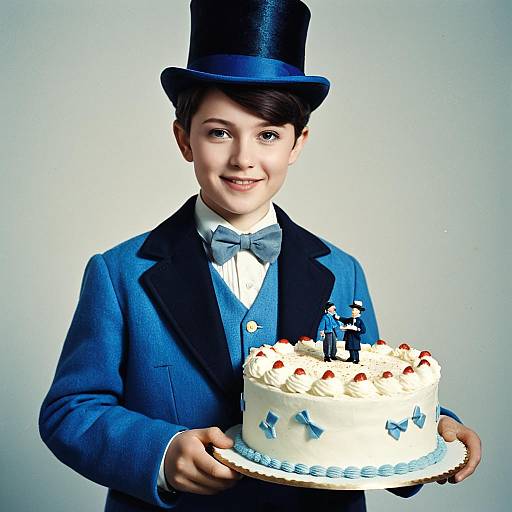 Photograph of a young boy in a blue suit, bow tie, and top hat, smiling while holding a white cake with strawberries and blue bows,