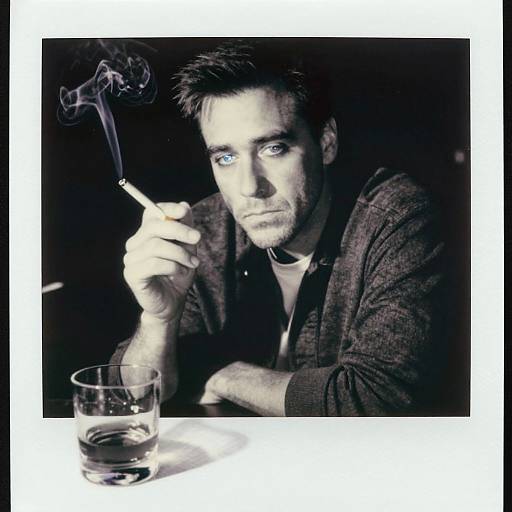 Photograph of a serious-looking man with short dark hair, blue eyes, and stubble, smoking a cigarette while holding a glass of whiskey on a