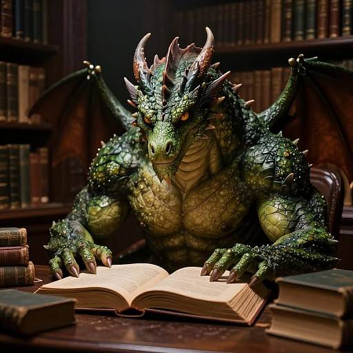 Photorealistic CGI of a muscular green dragon with red horns, reading an open book in a dimly lit, book-filled library.