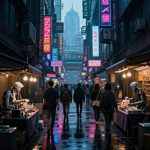 Neon-lit, rain-soaked urban night market with colorful Japanese signs, vendors, and shoppers in a bustling, futuristic city street. Photograph.