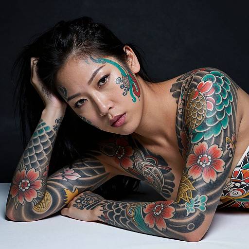 Photograph of a tattooed Asian woman with long black hair, lying on white background, showcasing vibrant floral and fish tattoos, teal face paint, and