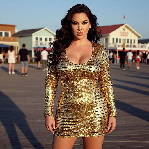 Photograph of a brunette woman with long wavy hair, wearing a tight, gold sequin dress with long sleeves, standing on a sunlit board