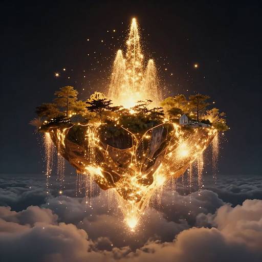 Photorealistic CGI of a glowing, floating island with fiery, cascading lights, surrounded by clouds, and topped with trees in a dark, star