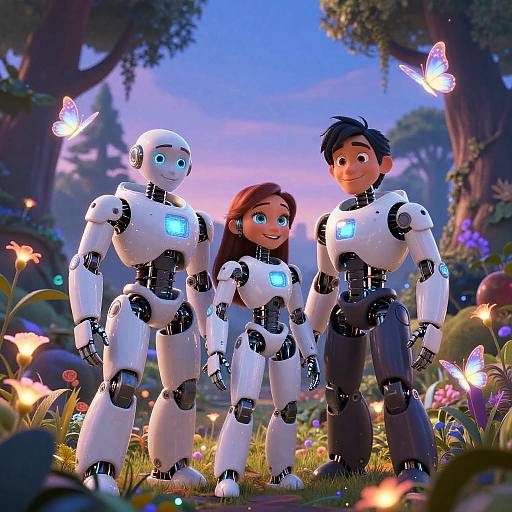 CGI image of a smiling brunette girl holding hands with two white, glowing-eyed robots in a colorful, flower-filled forest at sunset, surrounded by flutter