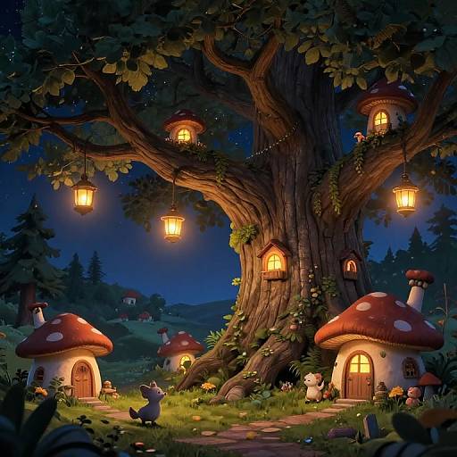 Whimsical digital illustration of a nighttime forest with a giant tree adorned with glowing lanterns, red mushroom houses, and playful creatures.