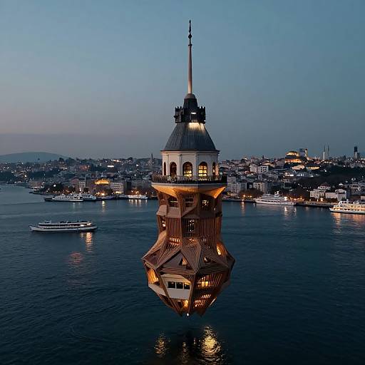 Photograph of Galata Tower illuminated at dusk, floating on the Bosphorus with city lights and boats in the background.