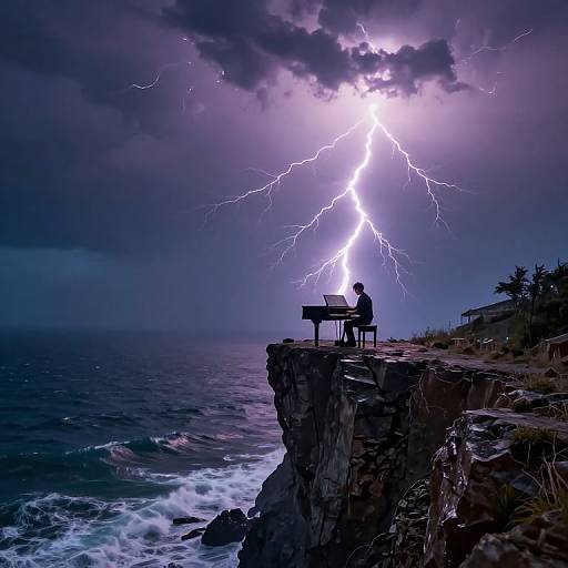 Silhouetted musician plays piano on cliff edge as vibrant lightning bolt strikes stormy ocean, illuminated by purple and blue hues. Digital art.