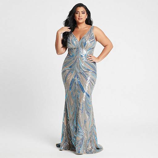 Confident Woman in Silver-Blue Gown