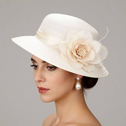 Photograph of a fair-skinned woman with dark hair in an elegant white hat adorned with a large flower, wearing pearl earrings and red lipstick, against