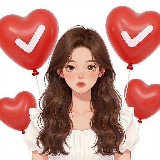 Digital anime-style portrait of a young woman with long, wavy brown hair, wearing a white blouse, surrounded by four red heart-shaped balloons with white