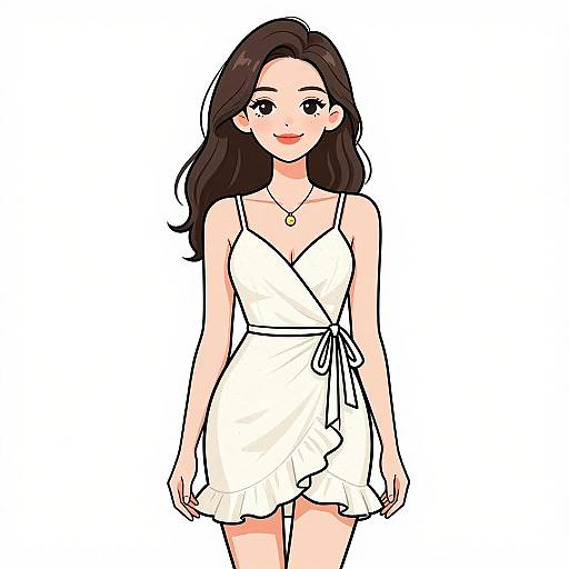 Digital anime-style illustration of a cute young woman with long black hair, wearing a white, sleeveless, V-neck dress with a tie on the side