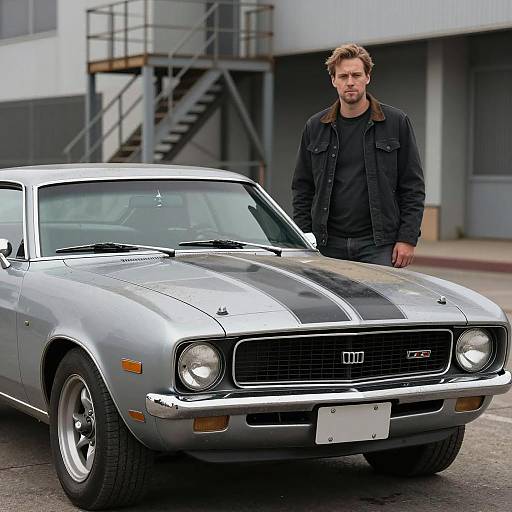 Man Standing Beside Classic Muscle Car