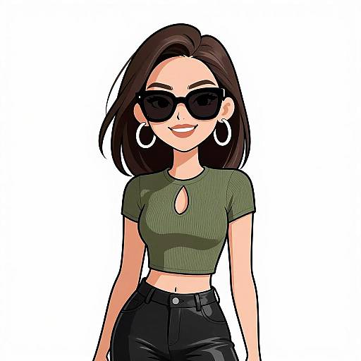 Digital illustration of a smiling woman with dark brown hair, wearing black sunglasses, green crop top with keyhole, black high-waisted jeans, and