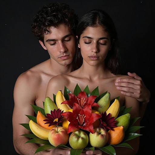 Serious Embrace with Vibrant Fruits