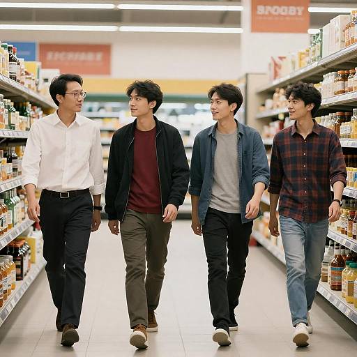 Four Men Walking in Supermarket Aisle