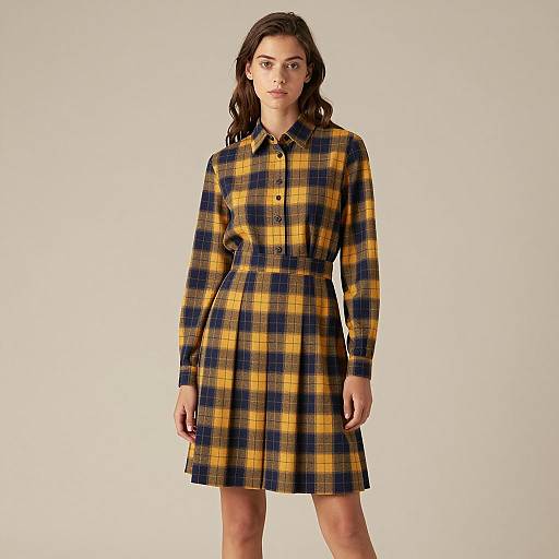 Young Woman in Yellow and Blue Plaid Dress