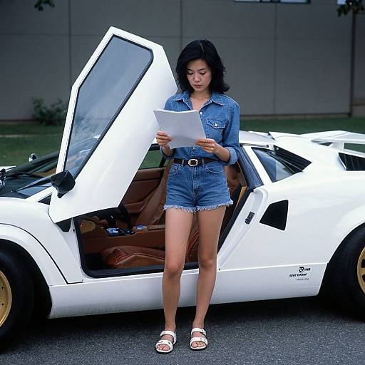Asian woman with black hair, wearing denim shirt and shorts, standing beside white Ferrari with open door, reading paper, in suburban driveway.