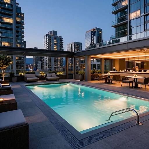 Photograph of a modern urban rooftop pool at dusk, illuminated with blue lights, surrounded by high-rise buildings, outdoor seating, and a warmly lit dining