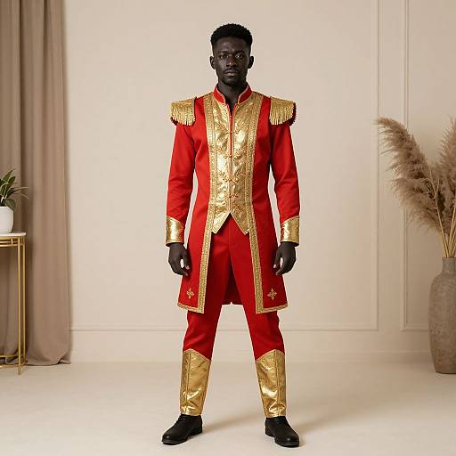 Photograph of a Black man in a regal red and gold military-style uniform, standing against a minimalistic white and beige background.