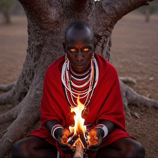 Photograph of a dark-skinned, African tribesman with glowing eyes, wearing a red robe and multiple beaded necklaces, sitting in front of