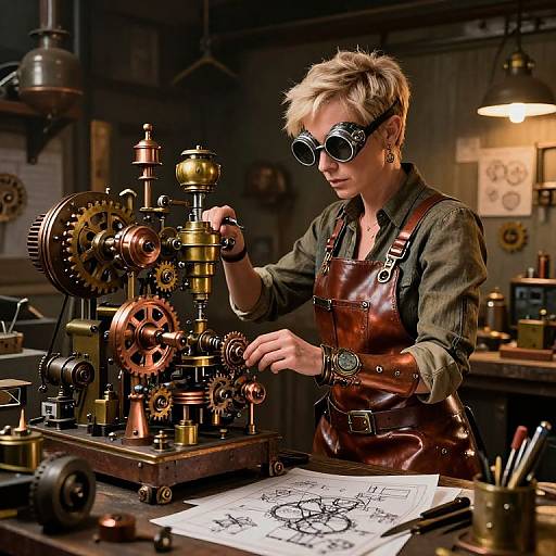 Photograph of a blonde woman with short hair, wearing goggles, brown leather apron, and green shirt, repairing intricate brass and copper gears in a