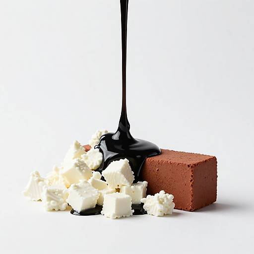 Photograph of black syrup pouring over crumbled white cheese and a red clay brick against a white background.