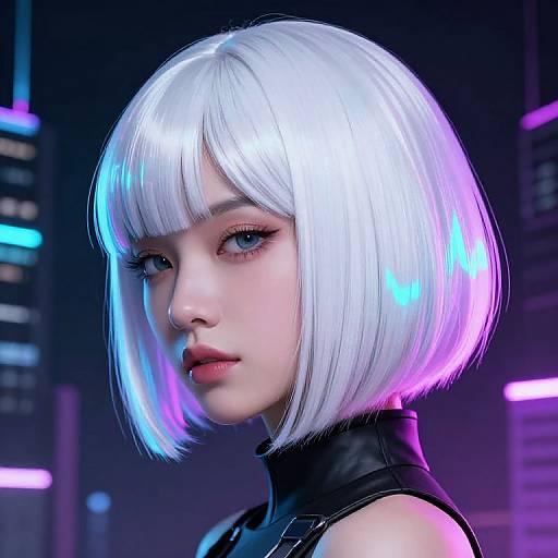 CGI portrait of a pale-skinned woman with a white bob wig, glowing blue and pink highlights, wearing a black leather collar, against a neon