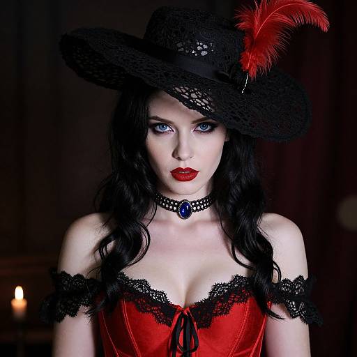 Photograph of a pale-skinned woman with blue eyes, black lace hat with red feather, red corset, black choker with blue gem,