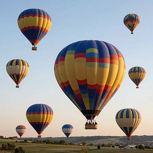 Photograph of colorful hot air balloons of varying sizes floating against a clear blue sky, with a distant landscape and horizon.