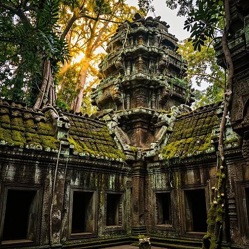 Photograph of an ancient, moss-covered stone temple with intricate carvings, surrounded by tall trees, and a bright sunbeam piercing through the foliage