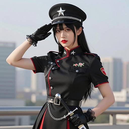 Serious Asian Woman in Military Dress