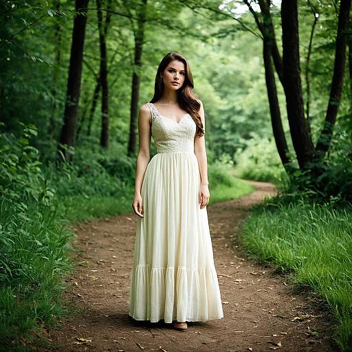 Woman in Cream Vintage Dress in Forest