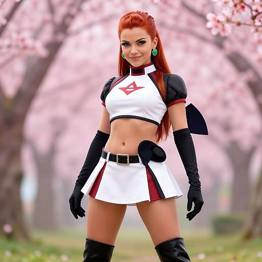 Digital art of a confident red-haired woman in a white and black crop top, mini skirt, gloves, thigh-high boots, green earrings, standing in