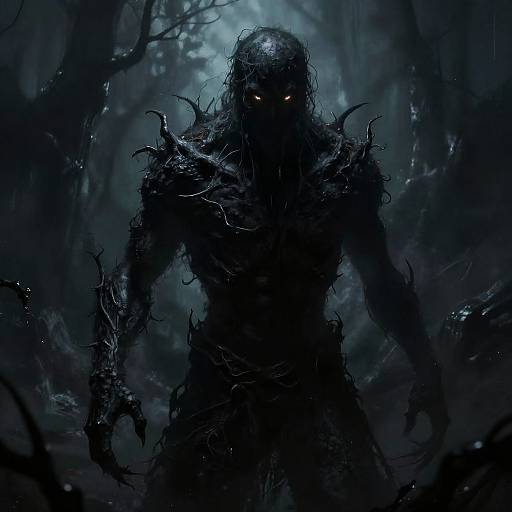 Digital illustration of a dark, shadowy, humanoid monster with glowing orange eyes, twisted, thorn-like limbs, and a forest background.
