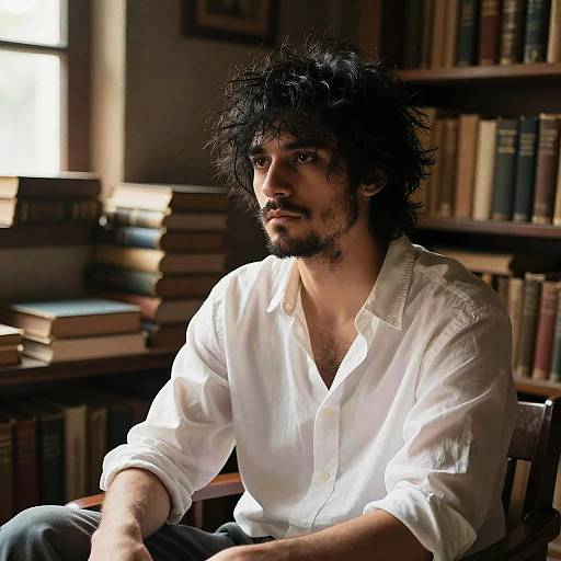 Photograph of a pensive, dark-haired man with a beard, wearing a white, slightly unbuttoned shirt, sitting in a sunlit,