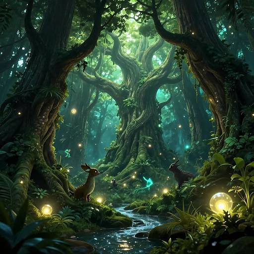 Enchanting forest scene: glowing fireflies, luminescent butterflies, and a deer near a flowing stream, surrounded by towering, moss-covered trees