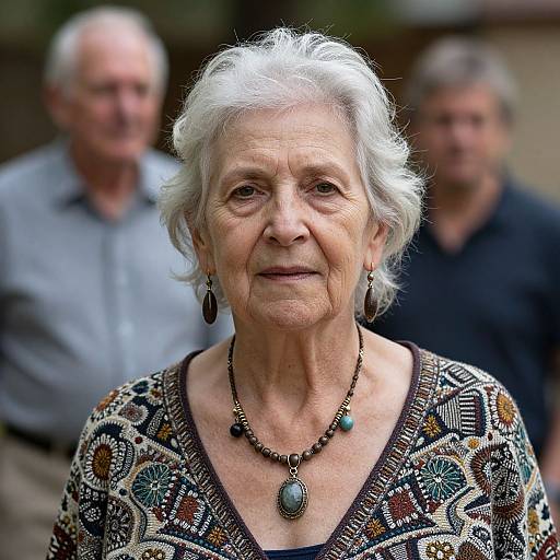 Photograph of an elderly woman with white hair, wearing a patterned dress and necklace, standing in front of two blurred older men.