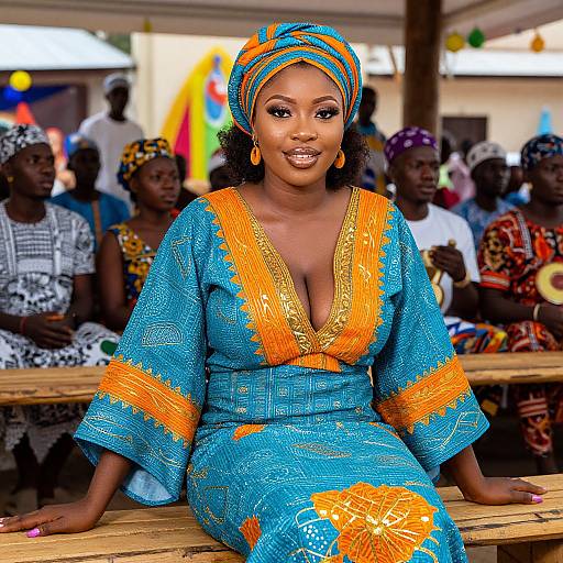 Photograph of an African woman in a vibrant blue and orange traditional dress and headwrap, smiling, seated in a colorful, crowded indoor setting.