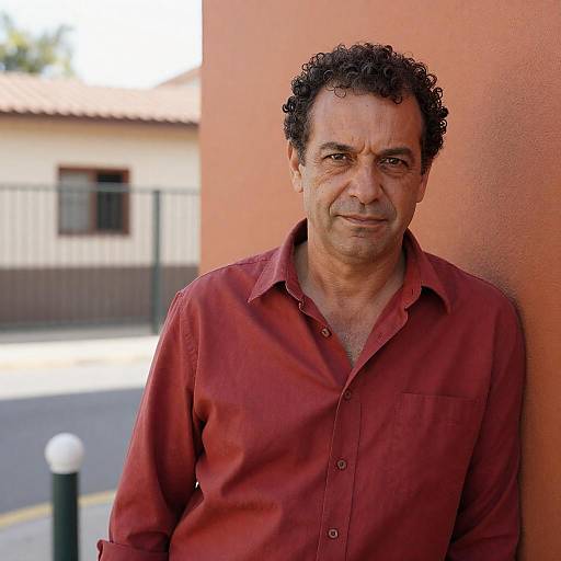 Middle-Aged Man in Red Shirt Against Wall
