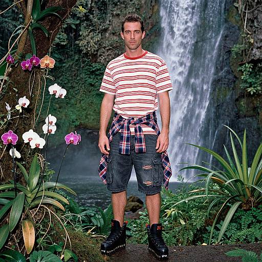 Photograph of a man with short brown hair, wearing a red-striped shirt, plaid shorts, and black boots, standing in front of a waterfall